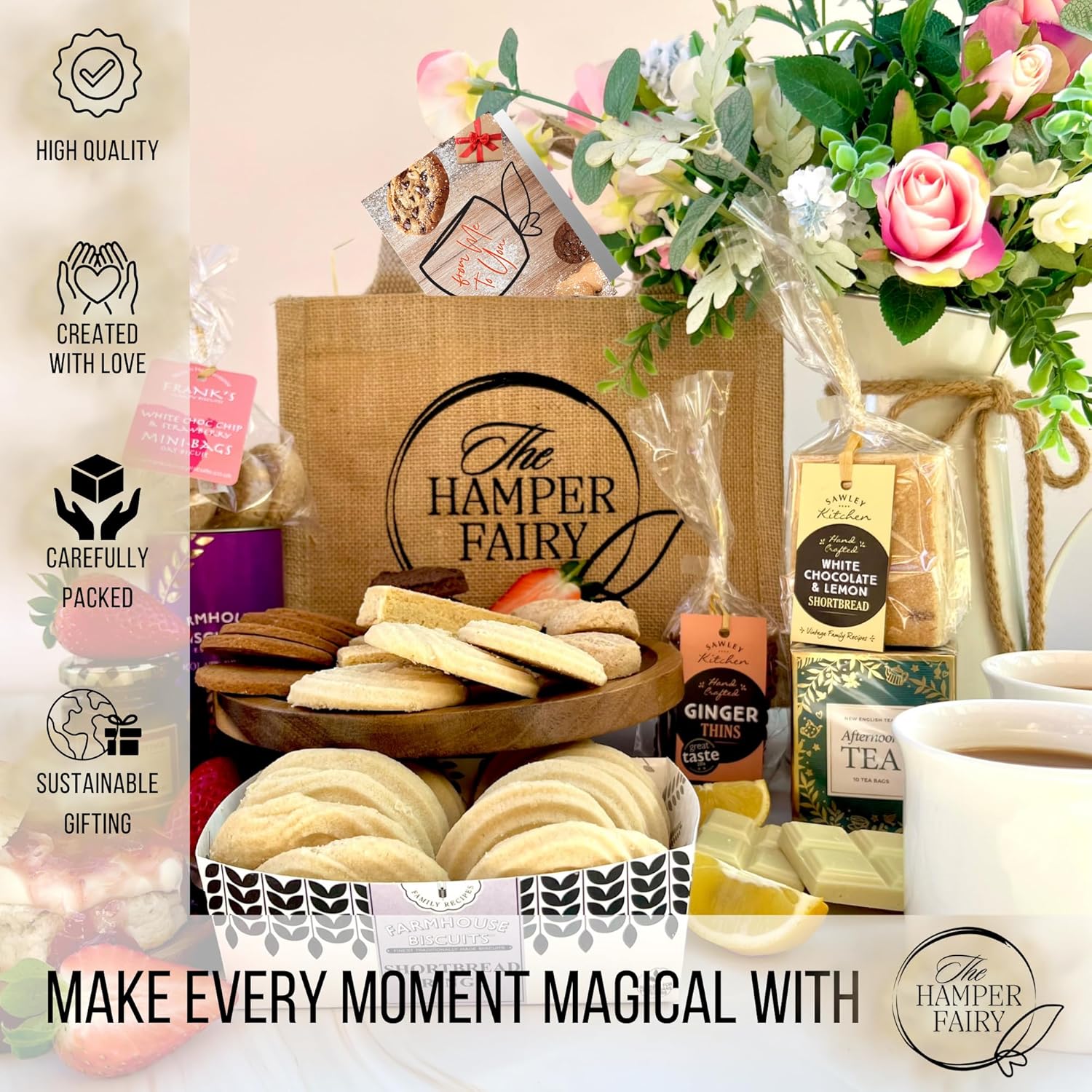 Afternoon Tea Hamper Gift with Biscuits, Cookies, Shortbread, Jam & Tea - For New Home, Birthday, Anniversary, Thank you Hampers, Couple Gifts or any Celebrations by The Hamper Fairy