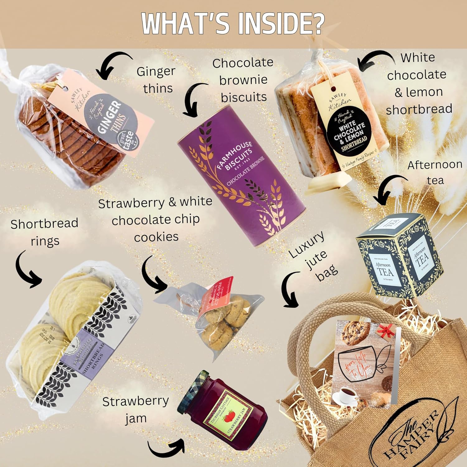 Afternoon Tea Hamper Gift with Biscuits, Cookies, Shortbread, Jam & Tea - For New Home, Birthday, Anniversary, Thank you Hampers, Couple Gifts or any Celebrations by The Hamper Fairy