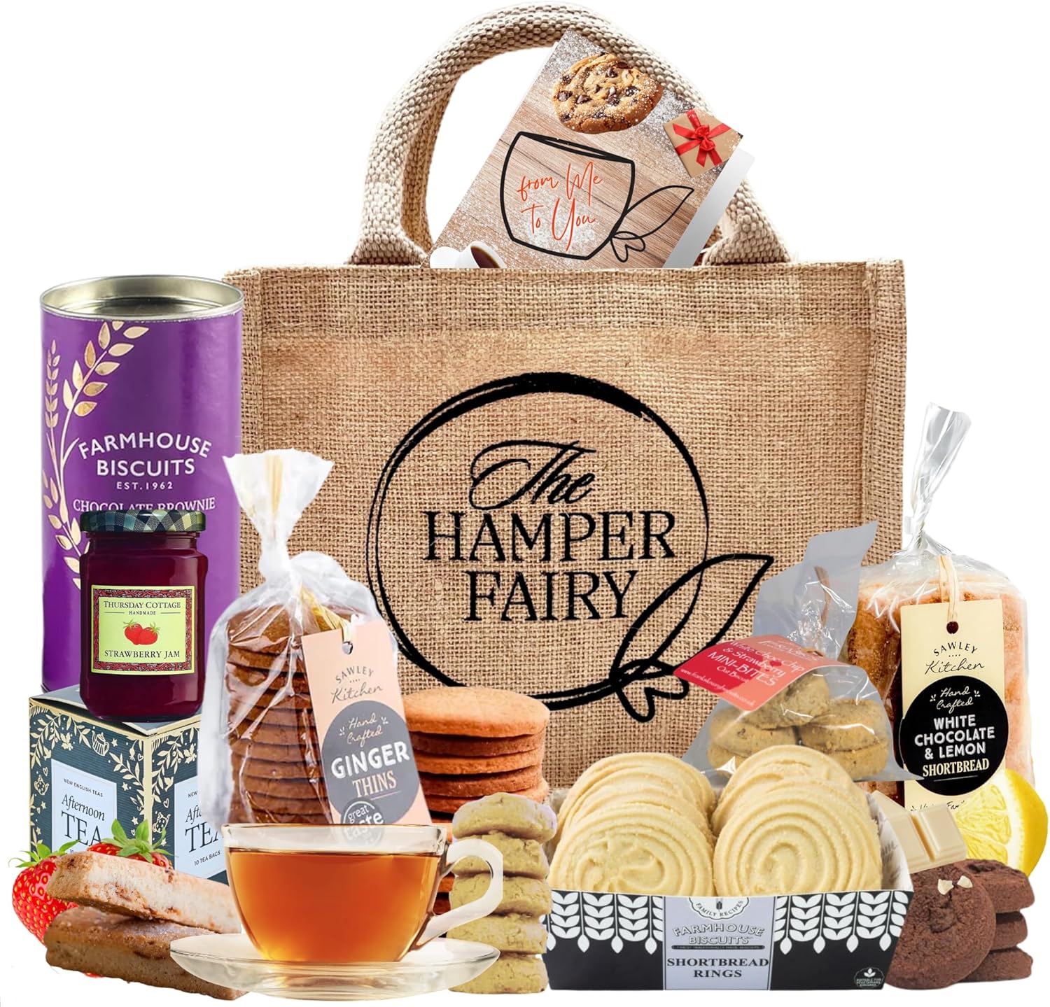 Afternoon Tea Hamper Gift with Biscuits, Cookies, Shortbread, Jam & Tea - For New Home, Birthday, Anniversary, Thank you Hampers, Couple Gifts or any Celebrations by The Hamper Fairy