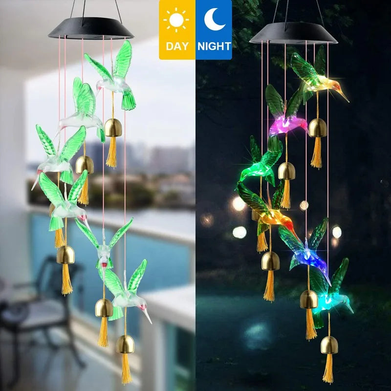 Hummingbird Wind Chime Light Color Changing Waterproof Hanging Solar Light