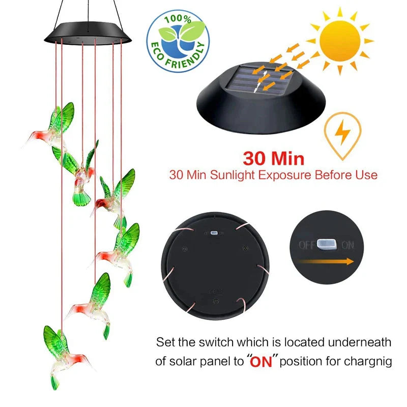 Hummingbird Wind Chime Light Color Changing Waterproof Hanging Solar Light