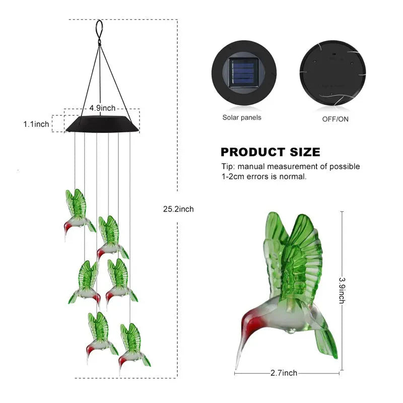 Hummingbird Wind Chime Light Color Changing Waterproof Hanging Solar Light