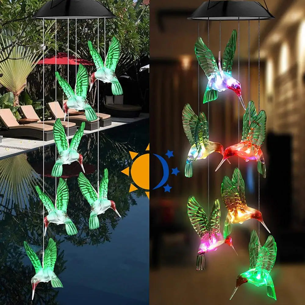Hummingbird Wind Chime Light Color Changing Waterproof Hanging Solar Light
