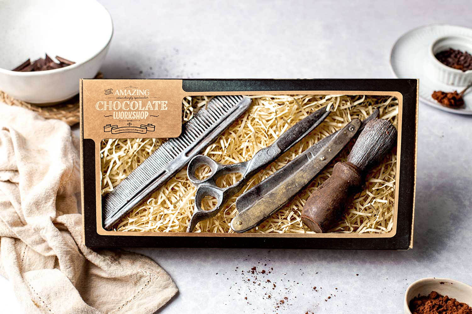 Barbers & Beard Grooming Chocolate Gift Set – Razor, Shaving Brush, Hairdressing Scissors & Comb Box