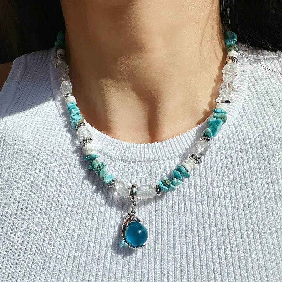 Vacation Beach Geometric natural stone Tiger Eye Shell 24K Gold Plated Natural Stone Shell Beaded Chain Pendant Necklace In Bulk